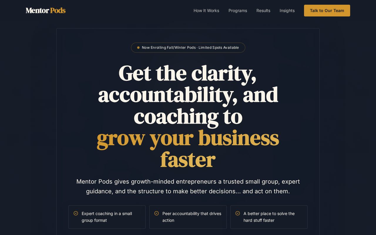 Mentor Pods website home page